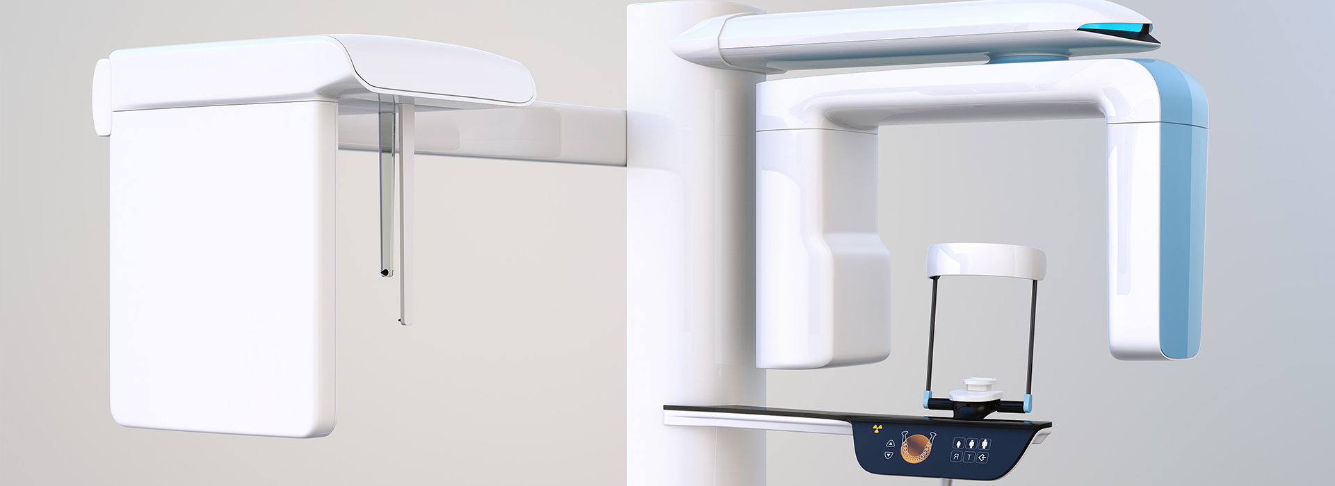 A digital rendering of a modern dental practice setup, featuring two chairs with adjustable backrests and armrests, a dental chair with a patient s headrest, and an overhead ceiling-mounted dental light.