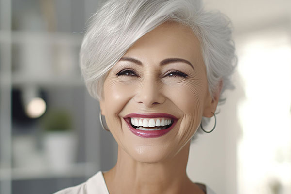 A smiling woman with short hair, wearing makeup and a white shirt.